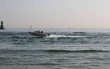 Fototapeta na wymiar Motor boats at sea in summer 