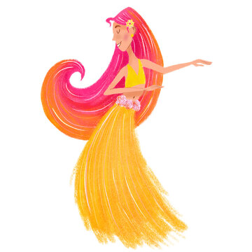 Isolated illustration of cute pink hair hula dancer. Cartoon style dancing girl. Hawaiian dance hula. Girl is dancing traditional hula dance. Pink hair character.