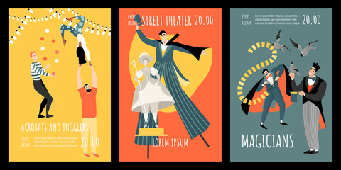 Set of vector invitation banners for acrobats, magicians and street theater performances.