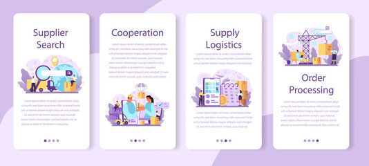 Suppliers mobile application banner set. B2B idea, global logistic distribution