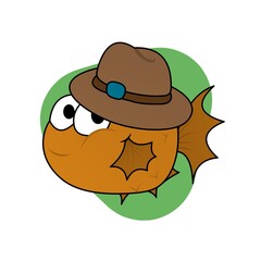 Illustration of Orange Puffer Fish Wearing a Brown Hat Cartoon, Cute Funny Character, Flat Design