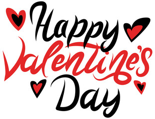 Happy Valentines Day typography poster with handwritten calligraphy text and hearts, black and red isolated on white background. Vector Illustration