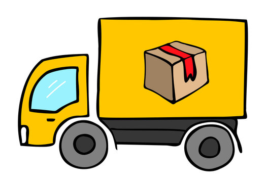 Delivery truck yellow. With a painted box on the body. Colored isolated object with dark outline. Doodle.