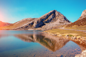 Fototapeta na wymiar Beautiful mountain landscape. Peaks of Europe (Picos de Europa) National Park. A glacial Lake Enol. Asturias, Spain, Europe