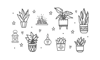 Doodle element set of house plants and candles isolated on white background. Hand-drawn outline plants in pots. Hygge art design for card, poster, logo, or pattern.