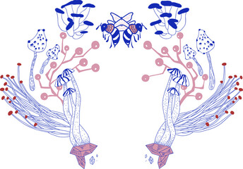 Unstrictly symmetric honeybee and mushroom vector illustration. Hand drawn sketch style. 