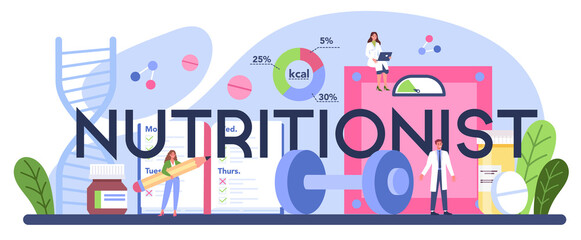 Nutritionist typographic header. Nutrition therapy with healthy food