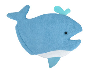 Hand bath sponge glove for kids, bath puff and scrub, bath product whale shape. Personal hygiene product isolated on white background