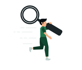 Illustration of person holding magnifying glass, search concept, flat style. The man is holding a magnifying glass. Vector illustration isolated on white background.
