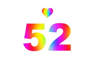 52nd birthday card illustration with multicolored numbers isolated in white background.
