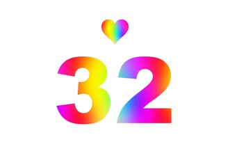 32nd birthday card illustration with multicolored numbers isolated in white background.