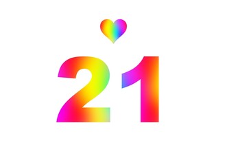 21st birthday card illustration with multicolored numbers isolated in white background.
