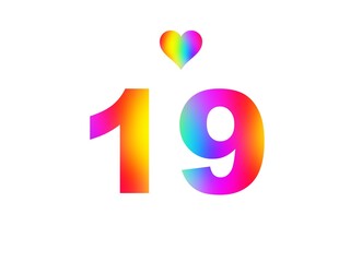 19th birthday card illustration with multicolored numbers isolated in white background.