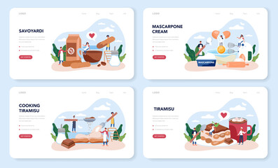 Tiramisu dessert web banner or landing page set. People cooking