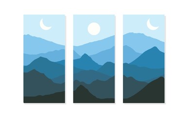 Naklejka na ściany i meble Day and night landscape, mountain Landscape with moon,sun, illustration vector-flat design