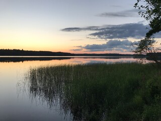 Naklejka na ściany i meble sunset on a forest lake, evening sky natural
