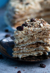 Napolion cake. A piece of cake on a black plate, decorated with raisins. Stands on a table with a gray background