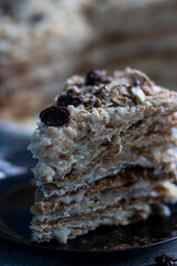 Napolion cake. A piece of cake on a black plate, decorated with raisins. Stands on a table with a gray background
