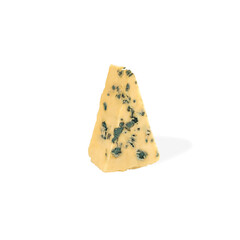 triangular piece of cheese with mold. blue cheese. Wedge of soft blue cheese with mold. roquefort cheese on white background