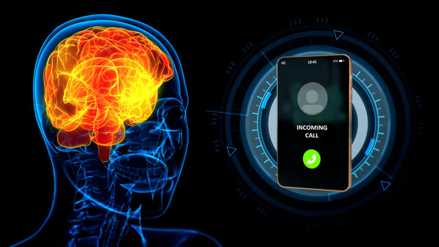 Industrial 3D illustration - x ray human head image with calling mobile phone, brain danger by cellular network concept
