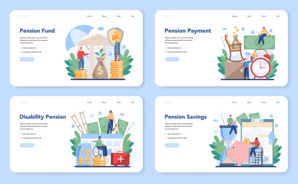 Pension Fund Web Banner Or Landing Page Set. Saving Money For Retirement