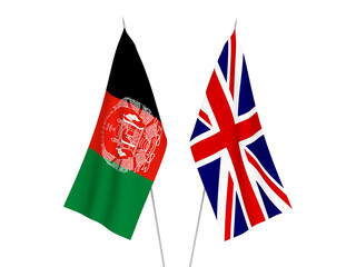 National fabric flags of Great Britain and Islamic Republic of Afghanistan isolated on white background. 3d rendering illustration.