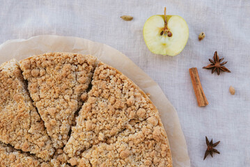 Freshly baked homemade double crutsed apple crumb pie. Sweet food from above,