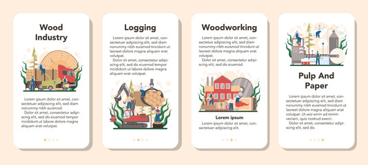Wood industry and paper production mobile application banner set