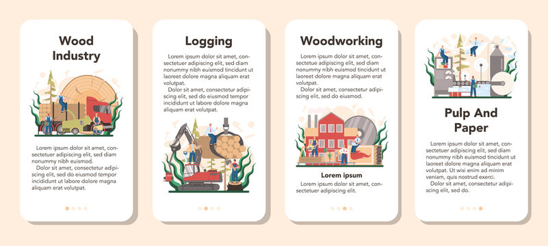 Wood Industry And Paper Production Mobile Application Banner Set