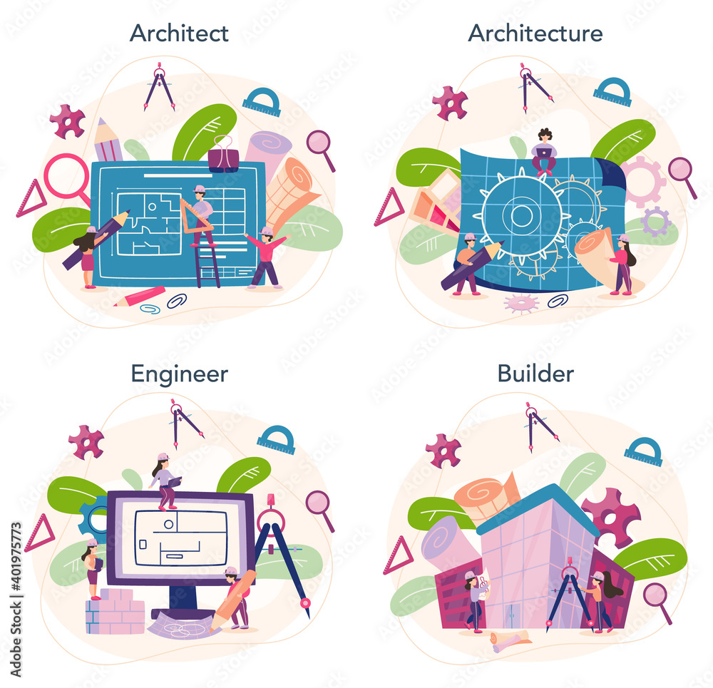 Wall mural architecture concept set. idea of building project and construction