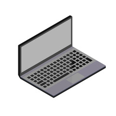 A computer. Laptop abstract image. Isometric, 3D front view. Vector illustration of a portable device. Laptop with keyboard, with blank screen. Flat style. Cartoon drawing of mobile pc with open cover