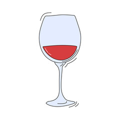 Red wine wineglass on white background. Cartoon sketch graphic design. Doodle style. Colored hand drawn image. Party drink concept for restaurant, cafe, party. Freehand drawing style