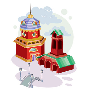 cute city landscape with soor, bridge and small church, cartoon illustration, isolated object on white background, vector illustration,
