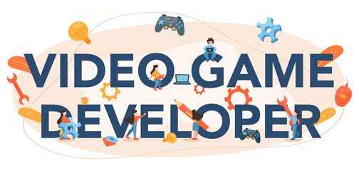 Game developer typographic header. Creative process of a computer video