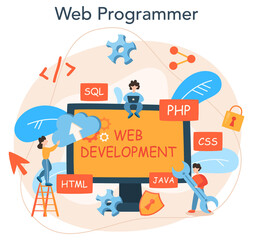 Fototapeta na wymiar Web programming concept. Coding, testing and writing program