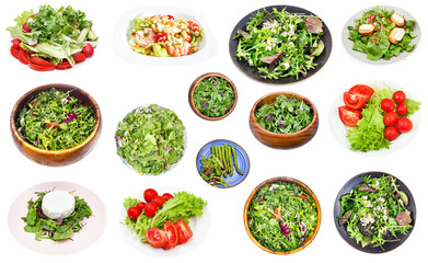 collection of various fresh salad from leaf vegetables isolated on white background