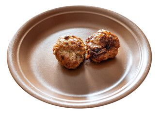 fried russian Kotleta (minced beef steak) on brown plate cut out on white background
