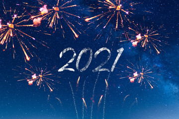 Happy new year 2021. New year celebration party with firecrackers, fireworks and rockets in a...