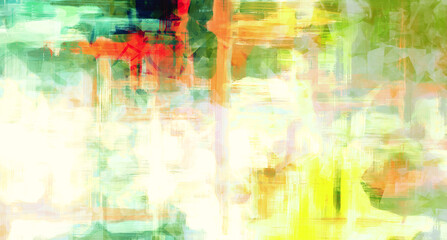 Colorful digital artwork with rought brush strokes and canvas texture. Yellow and green paints. Grunge art background