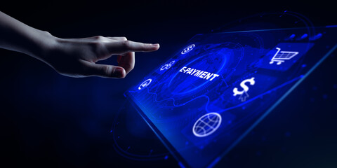 E-payment. Digital money online banking financial technology concept. Hand pressing button.