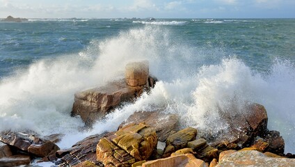 Storm on the coast at Plougrescant in Brittany. France