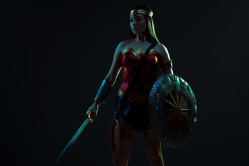 Ancient woman warrior stands with sword and shield in her hands.