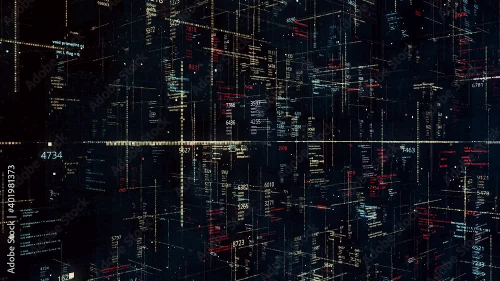 Poster cyberspace with numbers and data. animation. lots of flying numbers and codes in cyberspace on dark 