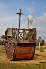old wooden boat with swan head
