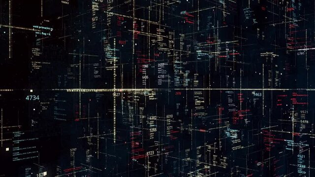 Cyberspace with numbers and data. Animation. Lots of flying numbers and codes in cyberspace on dark background. Mixing computer data in cyberspace