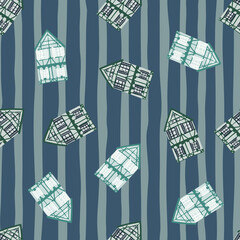 Creative seamless pattern with simple contoured blue house silhouettes. Navy blue striped background.