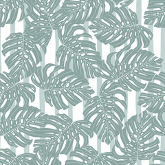 Random blue colored monstera leaves elements seamless pattern. Striped white and blue background.