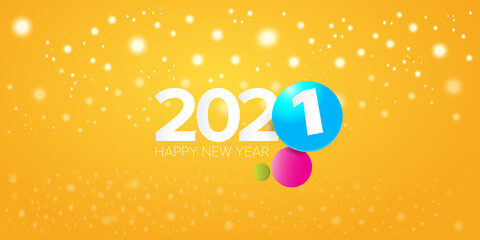 2021 Happy new year horizontal banner background or greeting card with text. vector 2021 new year numbers isolated on orange horizontal background with lights