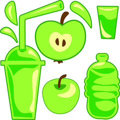 set of apple juice, bottles and fruits