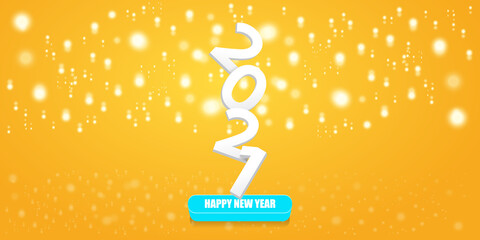 2021 Happy new year horizontal banner background or greeting card with text. vector 2021 new year numbers isolated on orange horizontal background with lights